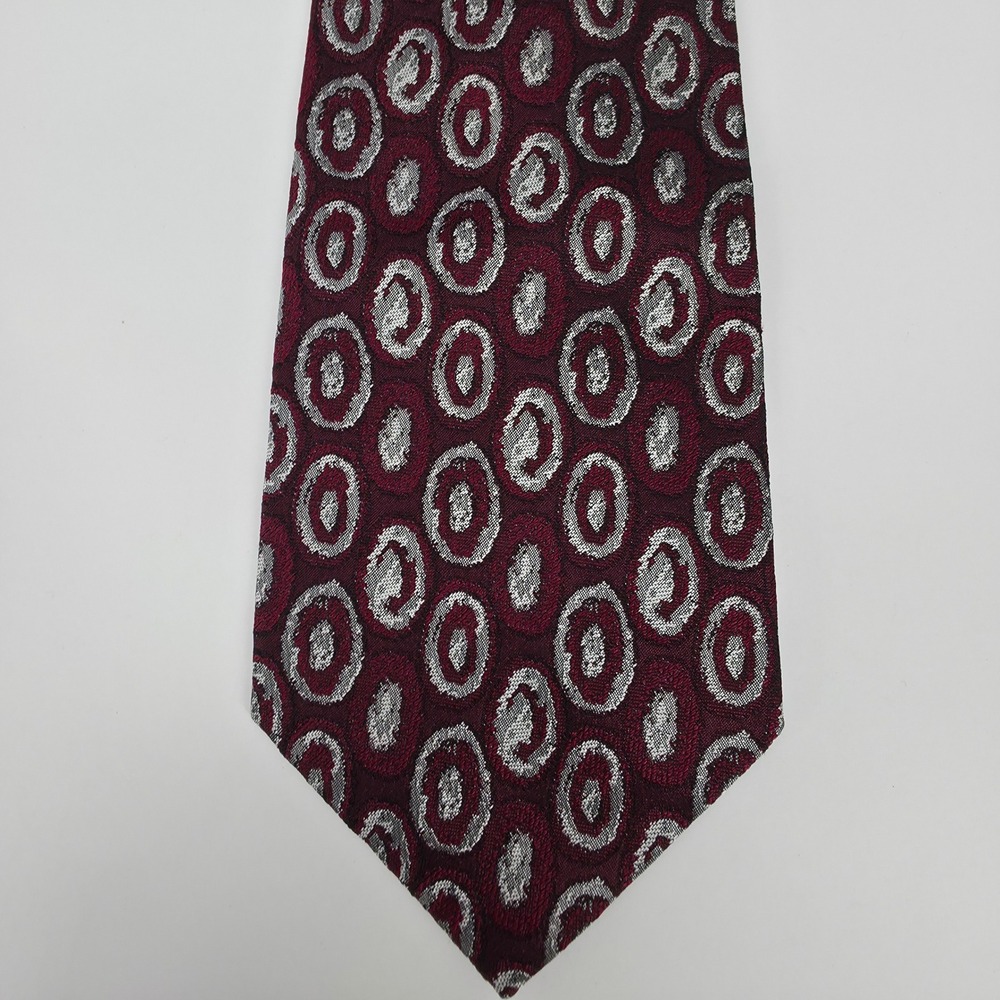 Gianni Versace Geometric Oval Silk Tie Mens Burgundy Silver Italy Neiman Marcus - Picture 4 of 6